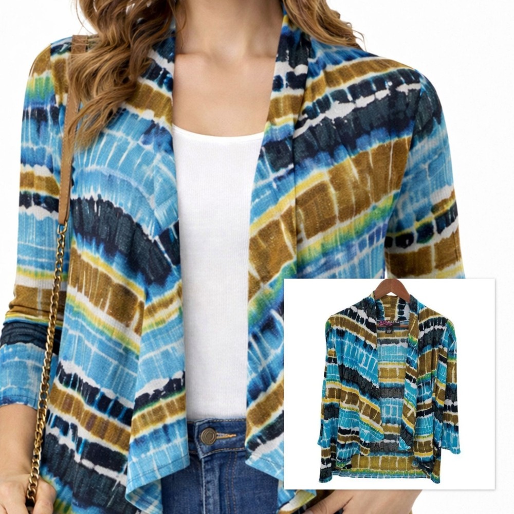 Open Front Cardigan Sweater Womens M Lightweight Knit Striped 3/4 Sleeve